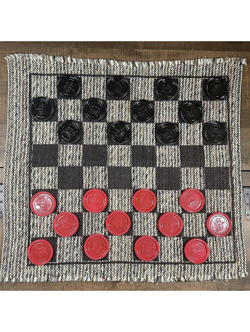 Vintage Super Tic Tac Toe Checkers Game Mat with Red and Black Plastic Pieces